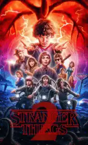 Vibrant poster for Stranger Things featuring the main characters amid supernatural chaos.