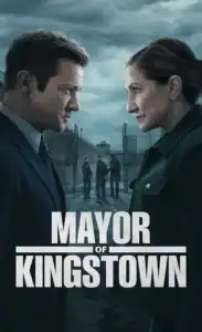 Charming cityscape scene from Mayor of Kingstown TV series, showcasing intense character interaction.