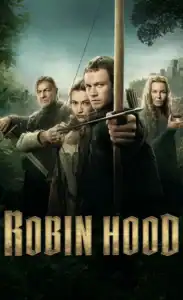 Close-up of Robin Hood taking aim with a bow and arrow, surrounded by allies in a lush forest setting.