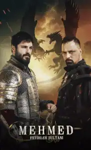 Two men in armor with a fiery dragon background, medieval fantasy theme.